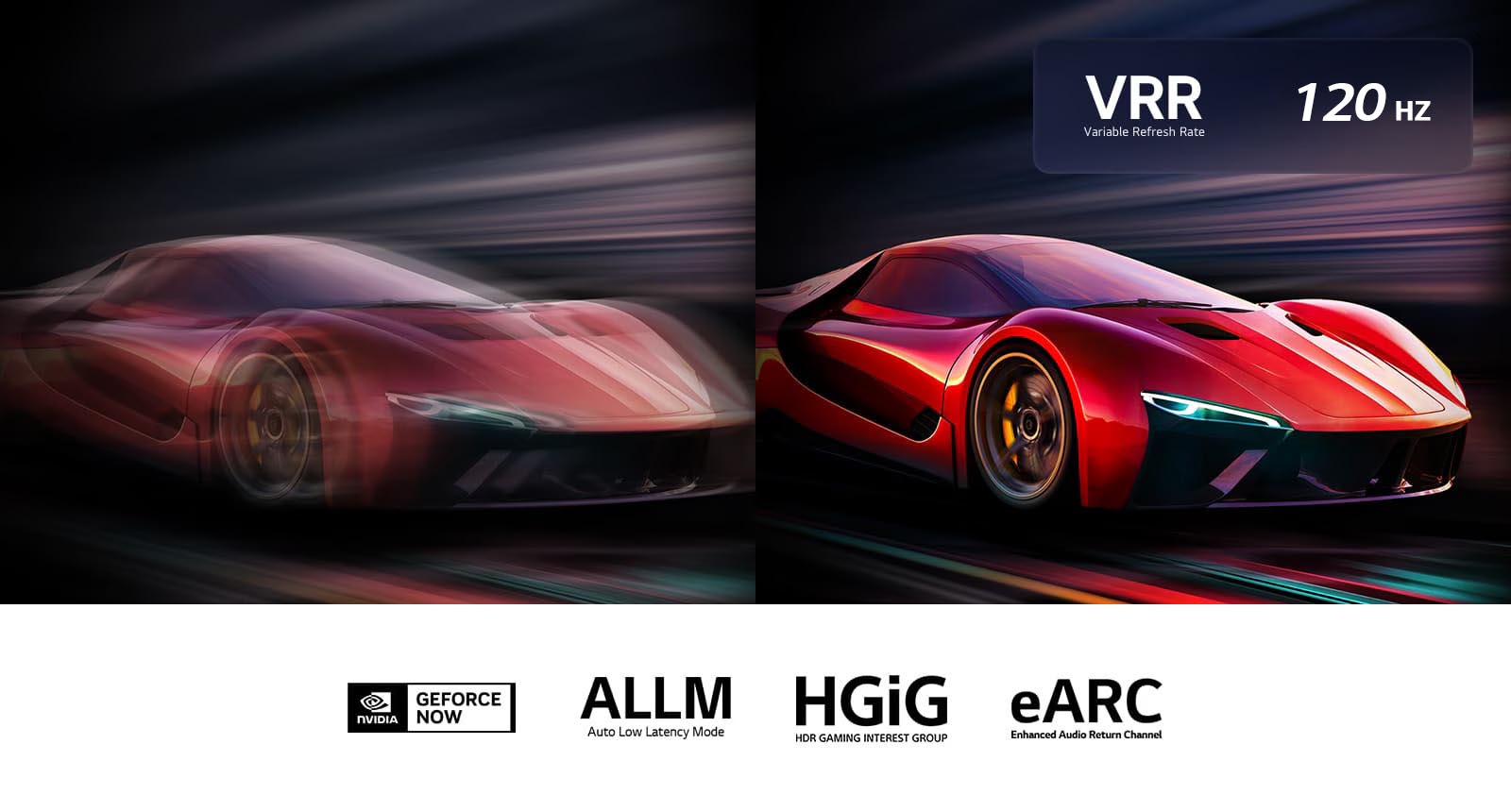 Usporedni prikaz dvije slike automobila u videoigri. Na jednoj je vidljiva poprilična zamućenost pokreta. Jasno i fokusirano prikazivanje visoke brzine kadrova na televizoru LG QNED TV. Logotip VRR i 144Hz prikazani su u gornjem desnom uglu.омобил във видеоигра едно до друго. Единият показва много замъгляване при движение. Другият е ясен и на фокус, което показва високата честота на кадрите на LG QNED TV. Логото на VRR и логото на 144Hz се намират в горния десен ъгъл.