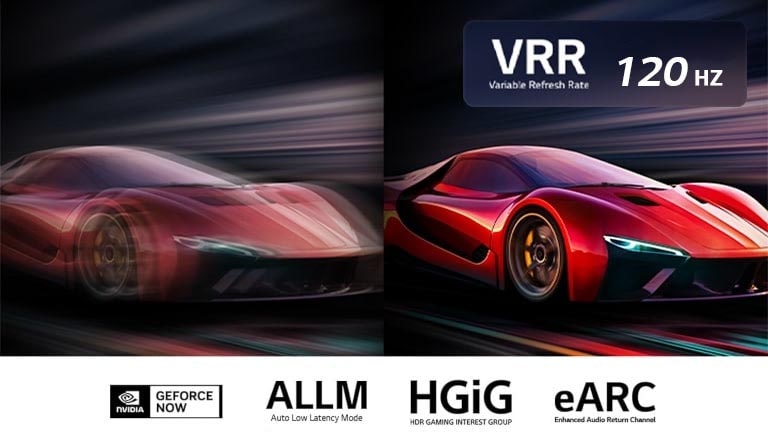Usporedni prikaz dvije slike automobila u videoigri. Na jednoj je vidljiva poprilična zamućenost pokreta. Jasno i fokusirano prikazivanje visoke brzine kadrova na televizoru LG QNED TV. Logotip VRR i 144Hz prikazani su u gornjem desnom uglu.