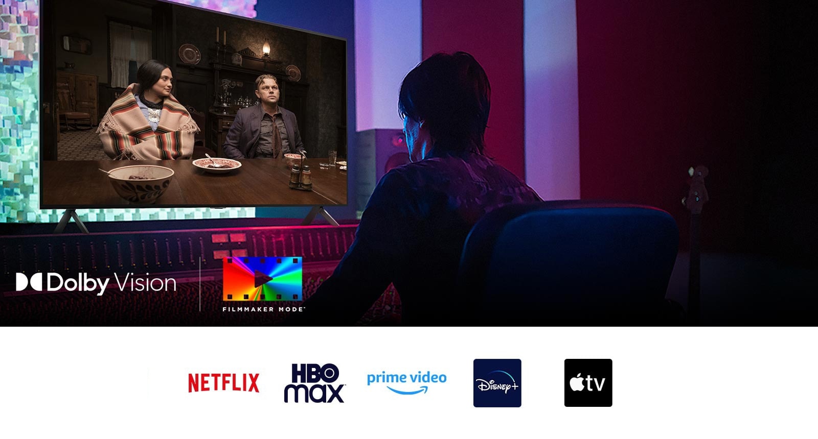 Redatelj ispred upravljačke ploče montira film „Ubojice cvjetnog mjesec” na televizoru LG QNED TV. Dolje lijevo, nalaze se logotip Dolby Vision i logotip načina rada FILMMAKER MODE. Ispod slike su logotipovi za Netflix, HBOmax, Prime Video, Disney Plus, Apple TV i LG Channels.
