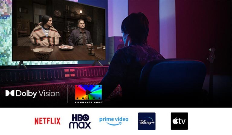 Redatelj ispred upravljačke ploče montira film „Ubojice cvjetnog mjesec” na televizoru LG QNED TV. Dolje lijevo, nalaze se logotip Dolby Vision i logotip načina rada FILMMAKER MODE. Ispod slike su logotipovi za Netflix, HBOmax, Prime Video, Disney Plus, Apple TV i LG Channels.
