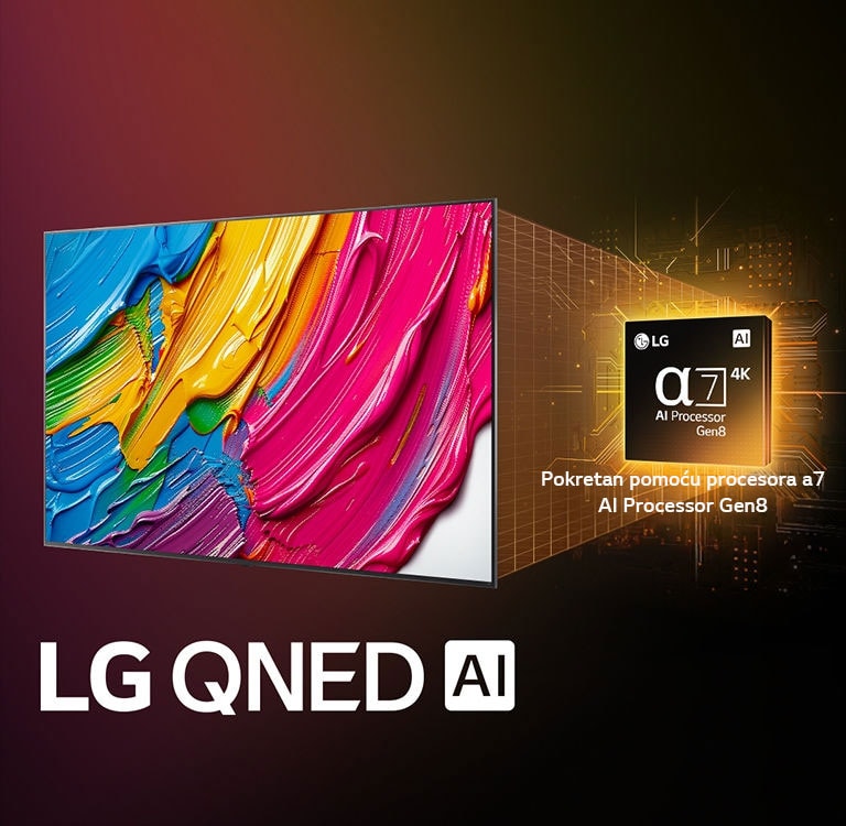 Televizor LG QNED TV blago je nakošen ulijevo i prikazuje šarene boje u teksturi sličnoj slici koje se spajaju u crvenoj, žutoj, zelenoj, plavoj i ljubičastoj boji. Iza televizora je procesor alpha 7 AI Processor Gen8 koji emitira žuto svjetlo. Logotip LG QNED AI se nalazi u donjem lijevom uglu. Pozadina je se preljeva u živopisnoj crnoj i ružičastoj boji. Vidljiv je i tekst „pokretan procesorom alpha 7 AI Processor Gen8”.