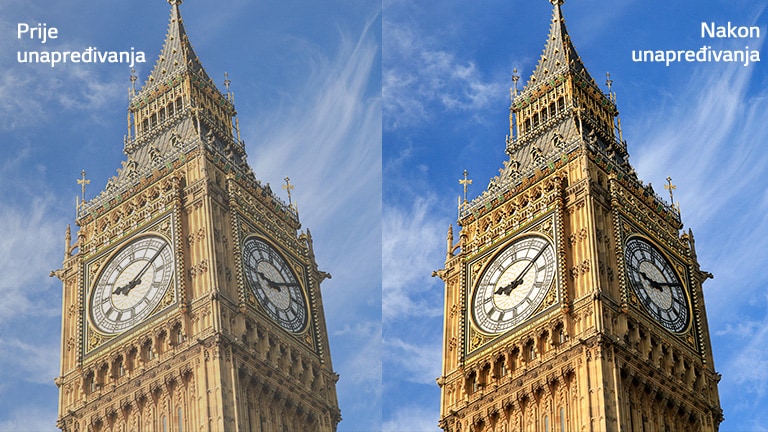 The image of the Big Ben building on the right with the text "After the promotion" is brighter and clearer compared to the same image on the left with the text "Before the promotion".