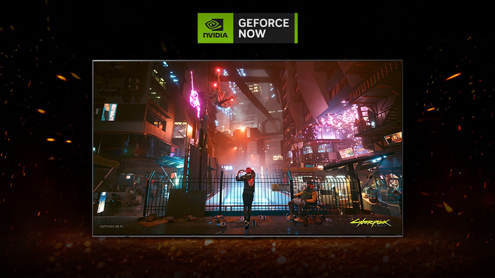 Slika koja prikazuje GeForce NOW na LG UHD TV-u s emisijama i videoigrama.