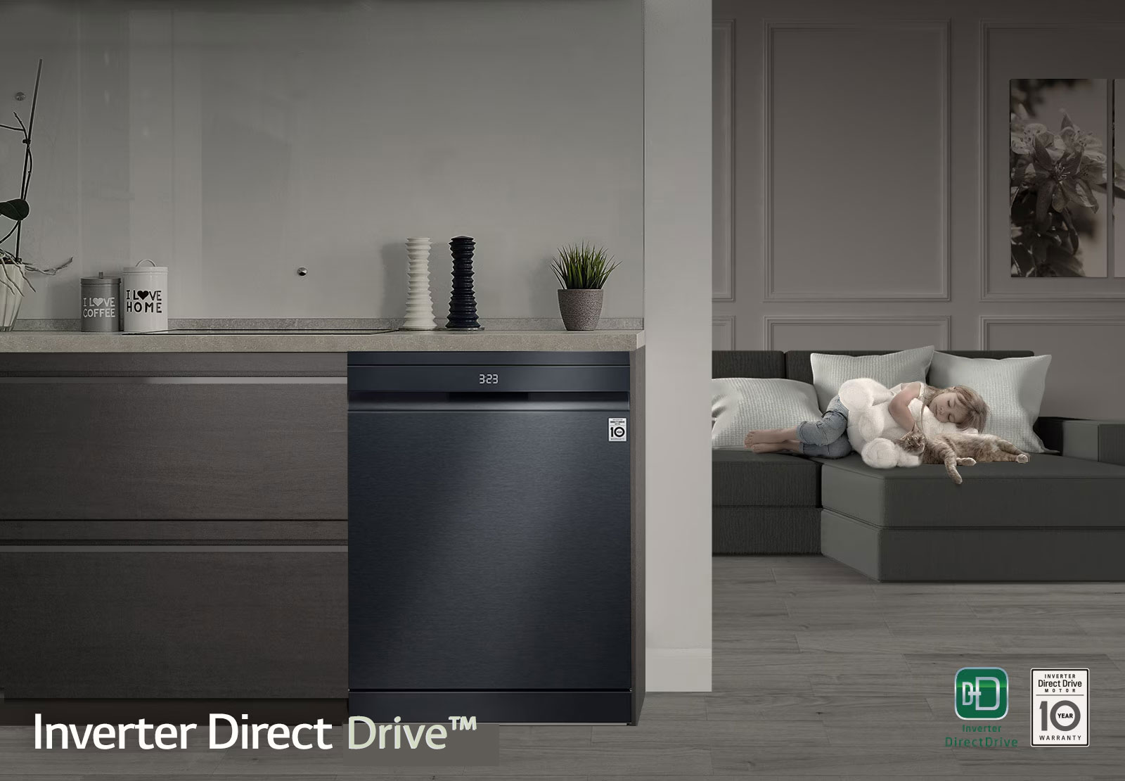LG inverterski Direct Drive motor s izravnim pogonom osmišljen je s posebnim fokusom na tihi rad. Uz mali broj pokretnih dijelova, osiguran vam je pouzdan rad i učinkovitost jedne od najtiših perilica posuđa u svojoj klasi.