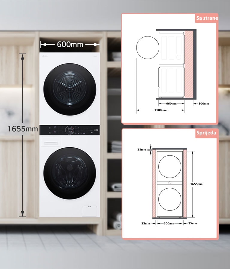 Na slici je prikazan dizajn prostora potrebnog za postavljanje WashTower-a. Straga je potreban razmak od 10 cm, a sa svake strane 2,5-2,5 cm.