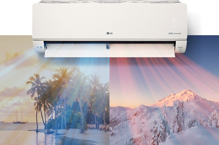 U gornjem dijelu slike visi LG klima-uređaj. Ispod njega nalaze se dvije slike, na jednoj je prizor plaže tijekom vrućeg dana, a na drugoj planina prekrivena snijegom. Hladni plavi zrak izlazi iz klima-uređaja na prizoru plaže, a topli crveni zrak na snježnom prizoru.