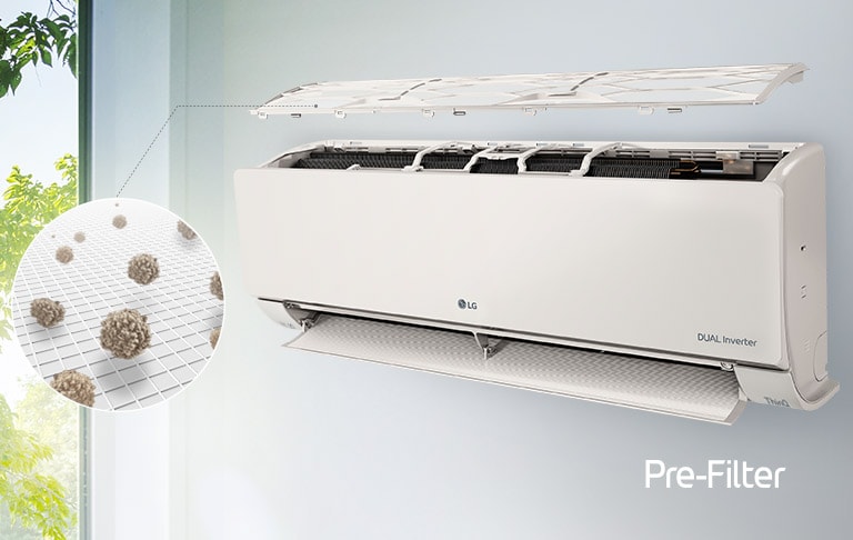 LG klimatizacijski uređaj montiran je na zid i prikazan iz bočnog kuta. Gornja ploča pluta iznad, tako da se vide unutarnji filtri. Linija iz predfiltra vodi do uvećanog kruga koji pokazuje prašinu uhvaćenu u predfiltru. Logotip predfiltra prikazuje se u donjem desnom kutu.