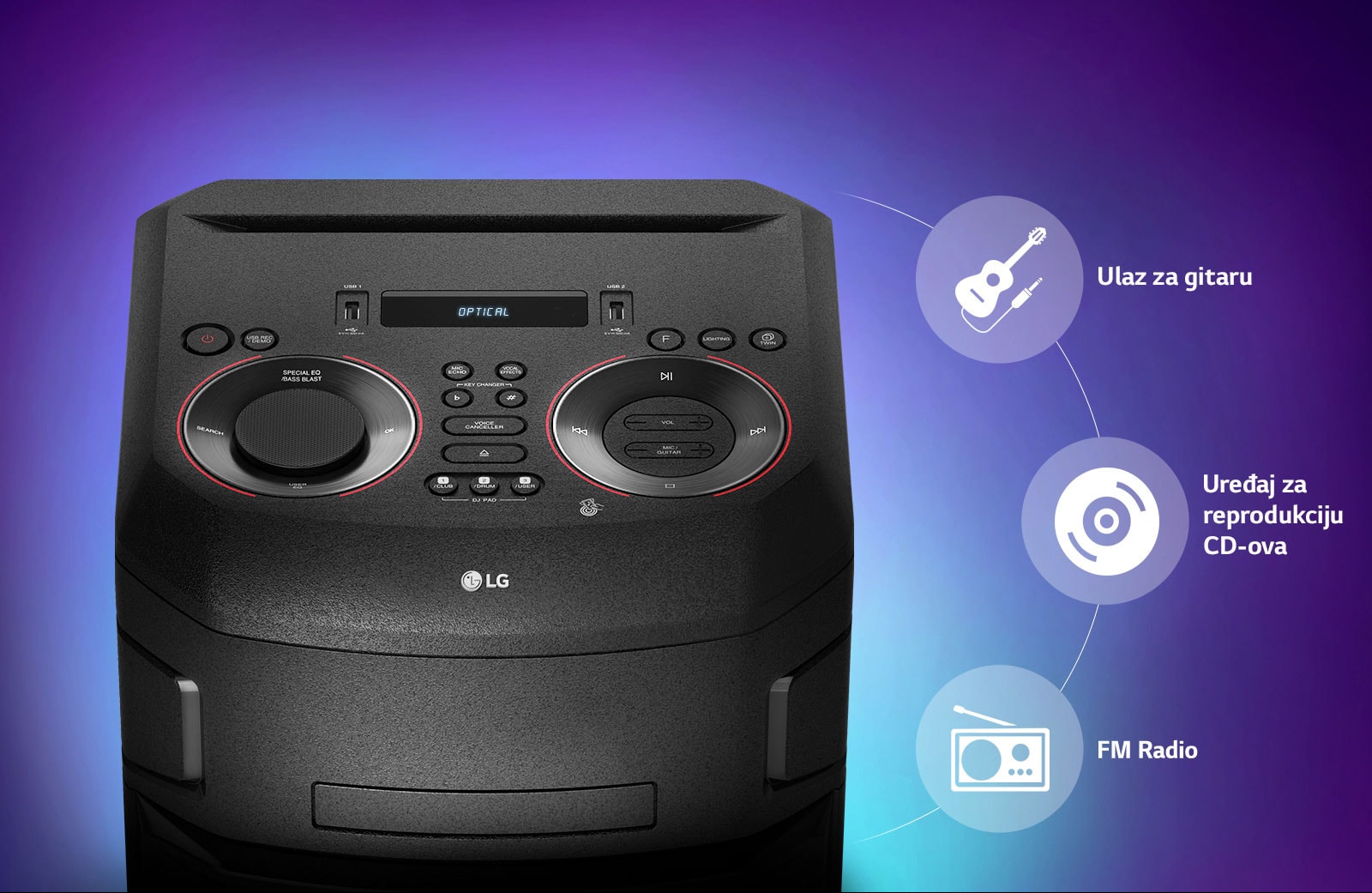 Prikaz izbliza gornje strane sustava LG XBOOM, ikone za povezivost prikazane su oko proizvoda.