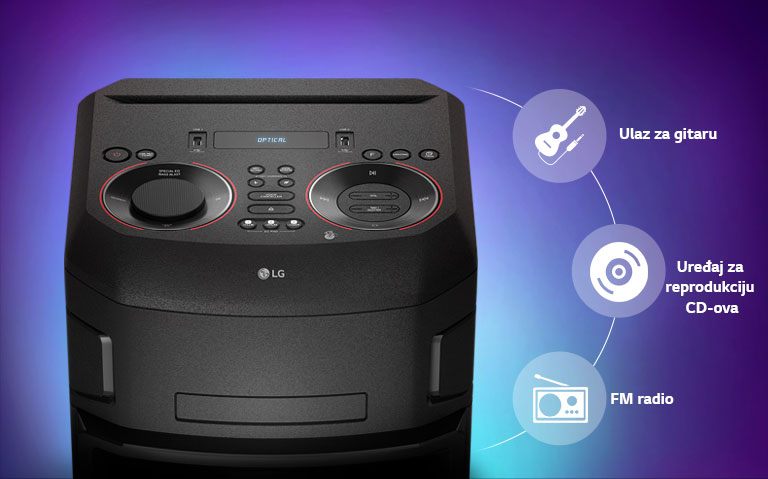 Prikaz izbliza gornje strane sustava LG XBOOM, ikone za povezivost prikazane su oko proizvoda.