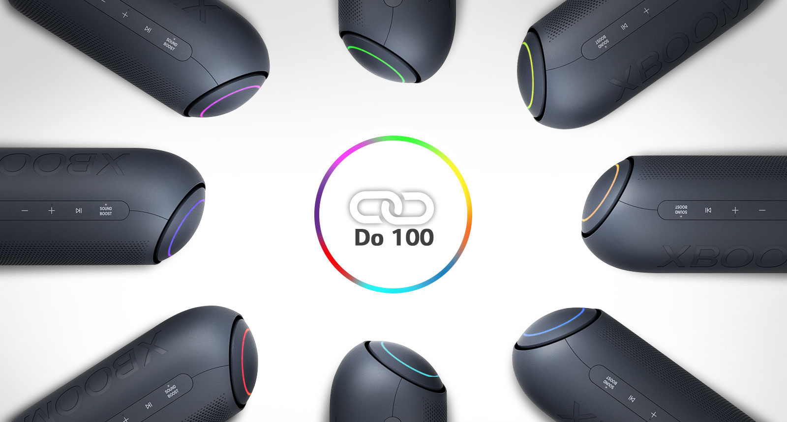 Na bijeloj se pozadini osam zvučnika LG XBOOM Go s raznim svjetlima nalazi u krugu oko ikone s vezom.