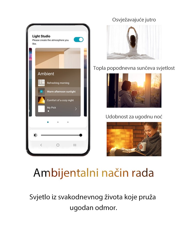 Slika mobilnog telefona s uključenim zaslonom aplikacije u ambijentalnom načinu rada. Slike uključuju slike žena koje sjede na krevetima, razmišljaju i istežu se, žena koje promatraju zalazak sunca i žena koje odmaraju čitajući knjige.