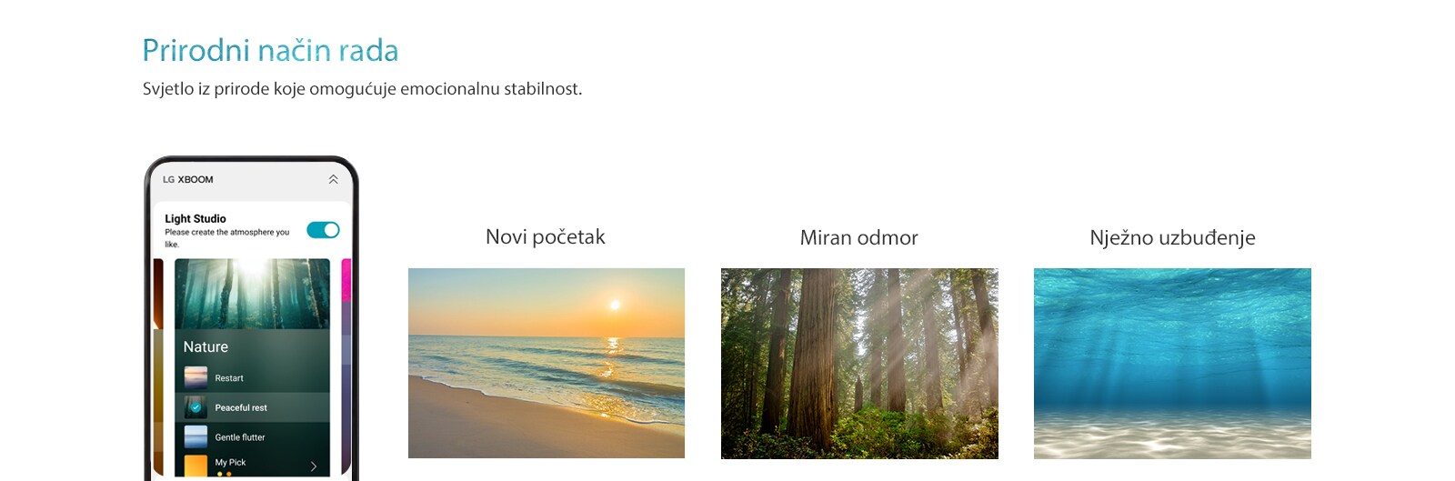 "Slika mobilnog telefona s uključenim zaslonom aplikacije u prirodnom načinu rada. Slika plaže tijekom zalaska sunca. Slika šume obasjane suncem. Slika svjetlosti koja sjaji pod bistrim morem."