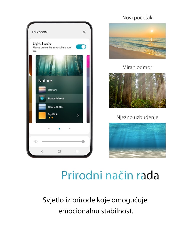 "Slika mobilnog telefona s uključenim zaslonom aplikacije u prirodnom načinu rada. Slika plaže tijekom zalaska sunca. Slika šume obasjane suncem. Slika svjetlosti koja sjaji pod bistrim morem."