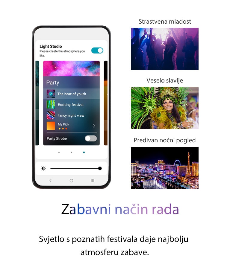 "Slika mobilnog telefona s uključenim zaslonom aplikacije u zabavnom načinu rada. Slike silueta ljudi koji plešu u klubovima. Slika žene koja nosi šarenu odjeću za zabavu. Noćni pogled na grad obojen neonskim bojama."