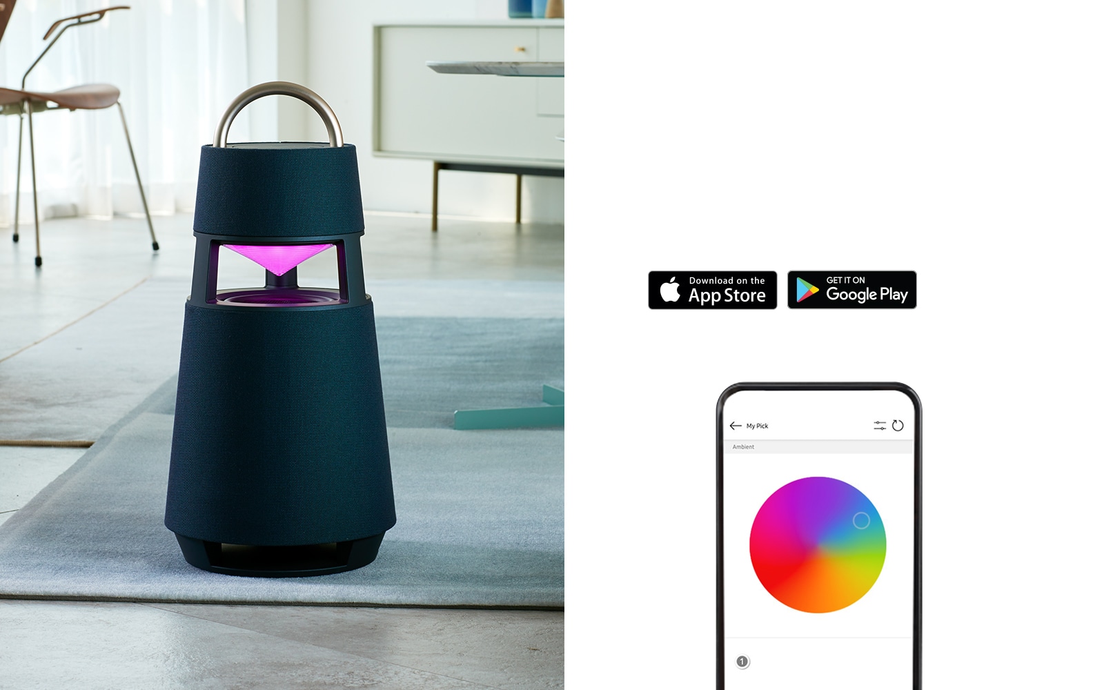 A GIF image in which the reflector of the XBOOM 360 placed on the floor of the room changes to the same colour depending on the colour movement of the cell phone screen.