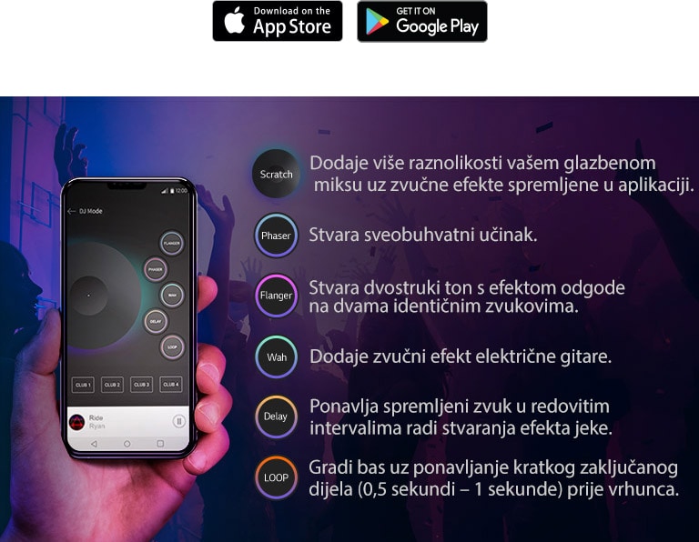 Slika ruke koja drži telefon s uključenim zaslonom aplikacije DJ, a do njega su navedene funkcije, kako bi se izrazilo da zvuk koji izlazi iz uređaja zvuči kao da iz aplikacije XBOOM pušta glazbu pravi DJ.