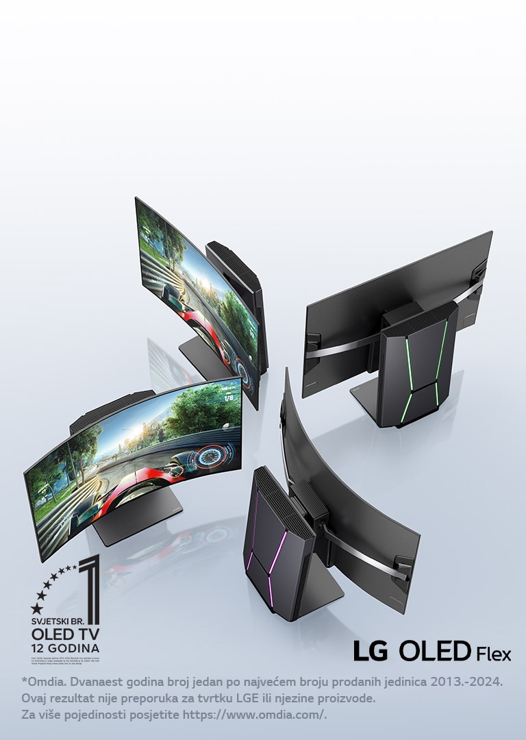 Blago nagnut gornji prikaz na četiri LG OLED Flex TV-a postavljena kako bi prikazala jedinstvenu zakrivljenu površinu zaslona. Na televizorima gdje je vidljiv zaslon, vidi se trkaća video igra. U kutu je prikazan amblem „Najbolji OLED TV na svijetu već 12 godina”. Vidljiv je logotip LG OLED Flex proizvoda.