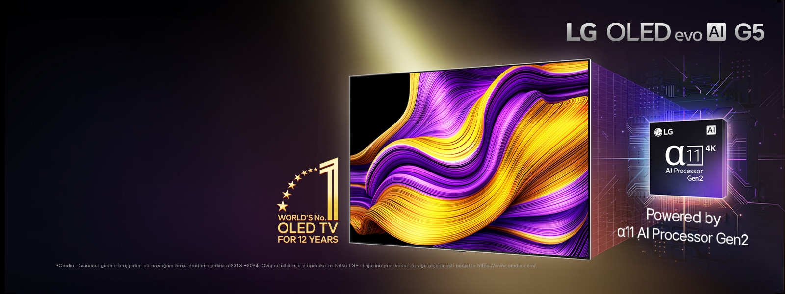 Na zaslonu televizora LG OLED evo AI TV prikazana je apstraktna slika s impresivnim pojedinostima, bojom i kontrastom. Uvećana verzija procesora alpha 11 AI Processor Gen2 nalazi se iza televizora. Svijetli svjetlošću osvjetljavajući krugove mikročipa. Naslov glasi: LG OLED evo AI. Vidljiv je i tekst „pokretan procesorom LG alpha 11 AI processor Gen2”. Zlatni logotip sa zvjezdicama nalazi se u kutu na kojem piše televizor OLED TV broj jedan na svijetu već dvanaest godina.