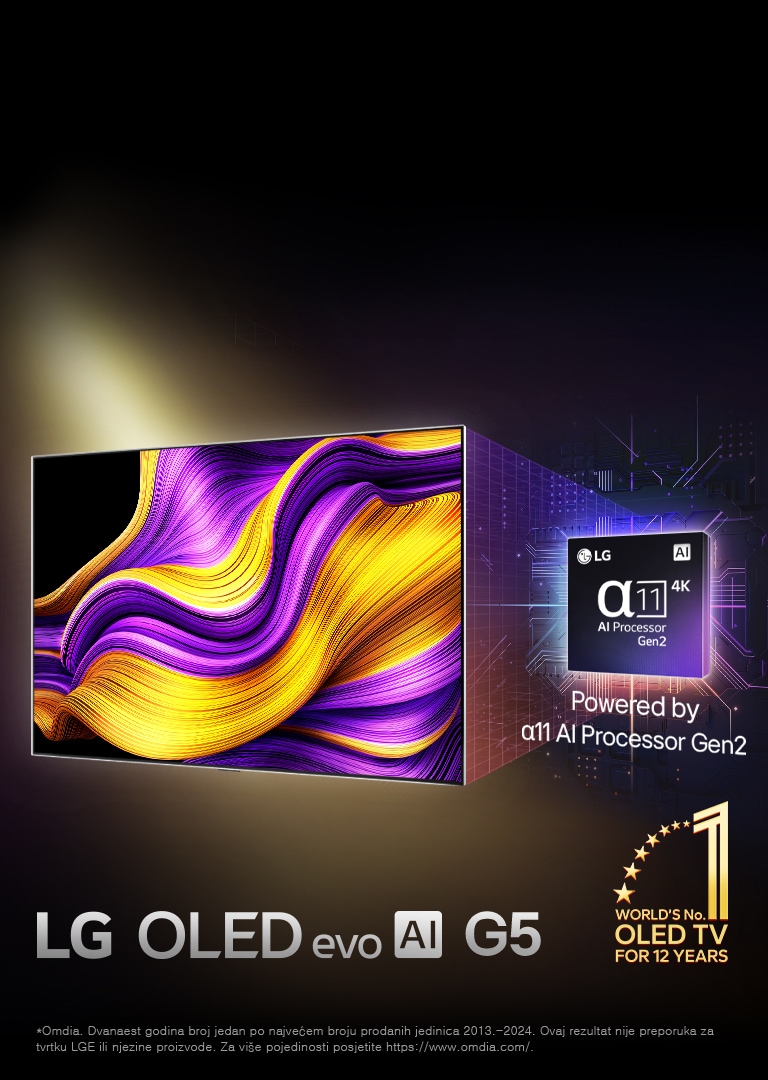 Na zaslonu televizora LG OLED evo AI TV prikazana je apstraktna slika s impresivnim pojedinostima, bojom i kontrastom. Uvećana verzija procesora alpha 11 AI Processor Gen2 nalazi se iza televizora. Svijetli svjetlošću osvjetljavajući krugove mikročipa. Naslov glasi: LG OLED evo AI. Vidljiv je i tekst „pokretan procesorom LG alpha 11 AI processor Gen2”. Zlatni logotip sa zvjezdicama nalazi se u kutu na kojem piše televizor OLED TV broj jedan na svijetu već dvanaest godina.