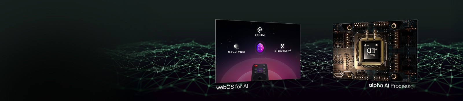 Dva različita zaslona koja prikazuju različite značajke. Jedan zaslon prikazuje LG AI Magic Remote, a ispod njega je tekst koji glasi webOS za AI. Drugi zaslon prikazuje osvijetljeni alpha 11 AI procesor Gen2, a ispod njega je tekst koji glasi alpha AI procesor.