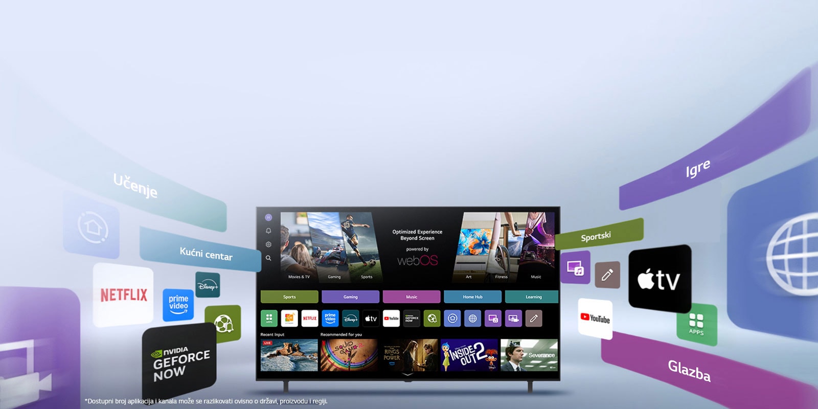 Na pametnom televizoru LG Smart TV prikazuje se početni zaslon sa zabavnim aplikacijama i elementima korisničkog sučelja LG Channels UI koji se dinamički šire prema vani, ističući više od 4000 globalnih aplikacija i kanala.