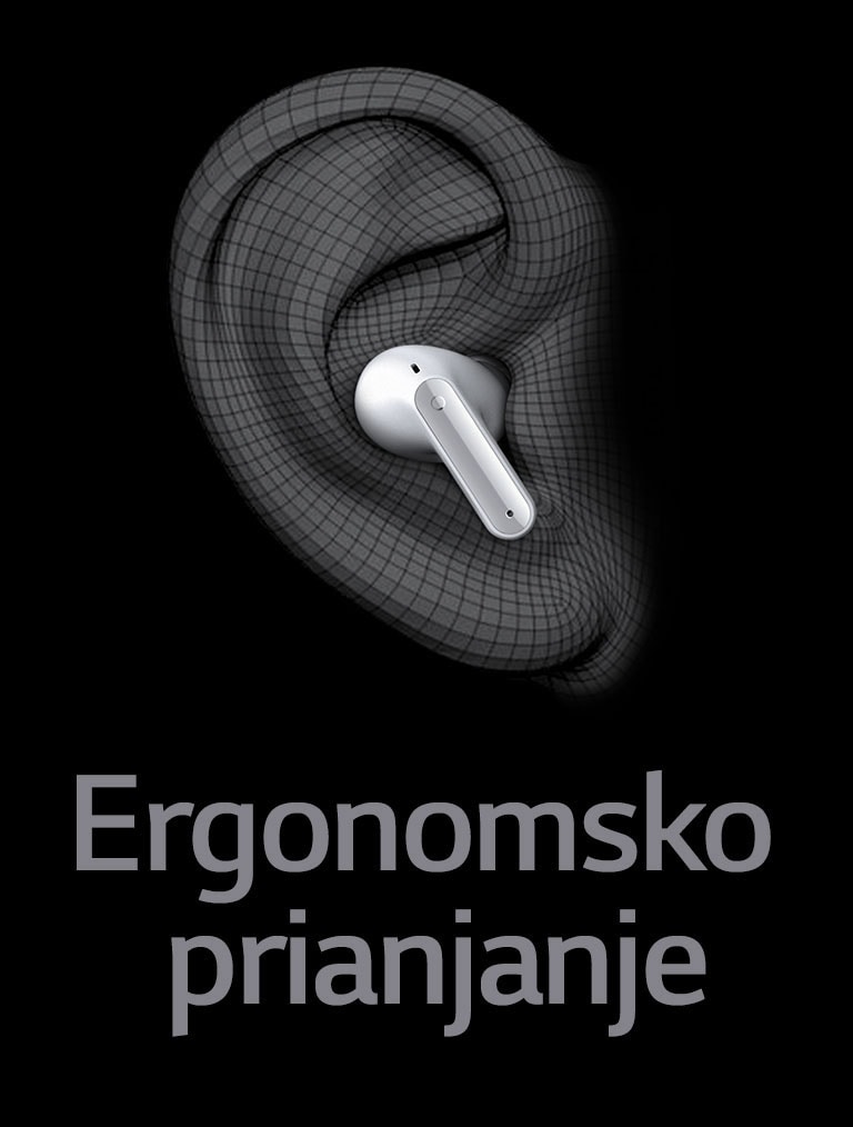 Slika slušalica TONE Free koje se nose u uhu izražena u 3D tehnologiji. Ispod je napisan tekst „Ergonomsko prianjanje”.