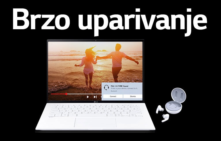 Slika prijenosnog računala i slušalica TONE Free smještena ispod izraza „Brzo uparivanje” i upozorenje o uparivanju uključeno na otvorenom zaslonu prijenosnog računala.