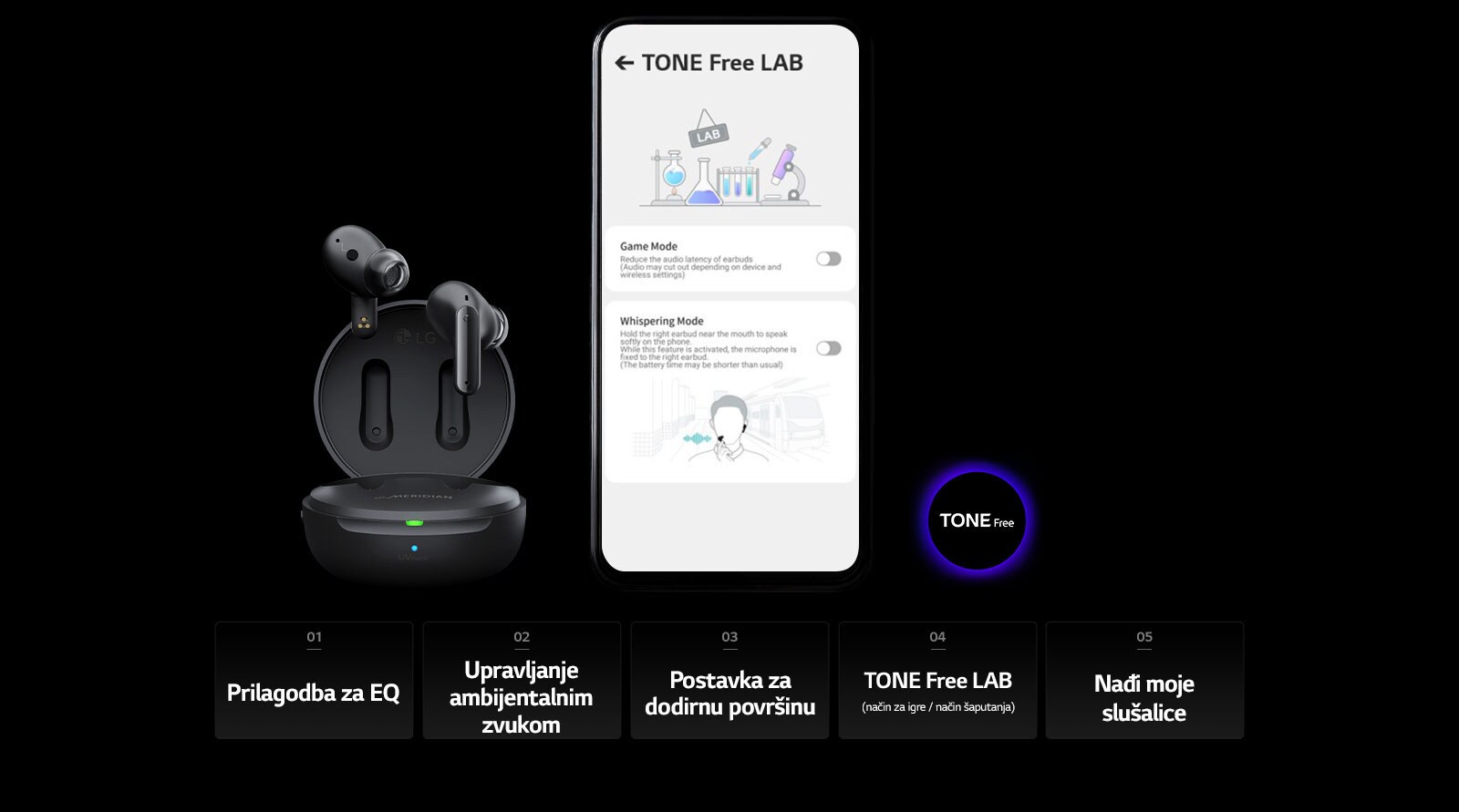 Slika zaslona TONE Free LAB na mobilnom telefonu i proizvoda TONE Free smještenog lijevo pokraj njega.