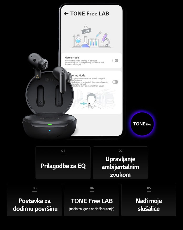 Slika zaslona TONE Free LAB na mobilnom telefonu i proizvoda TONE Free smještenog lijevo pokraj njega.