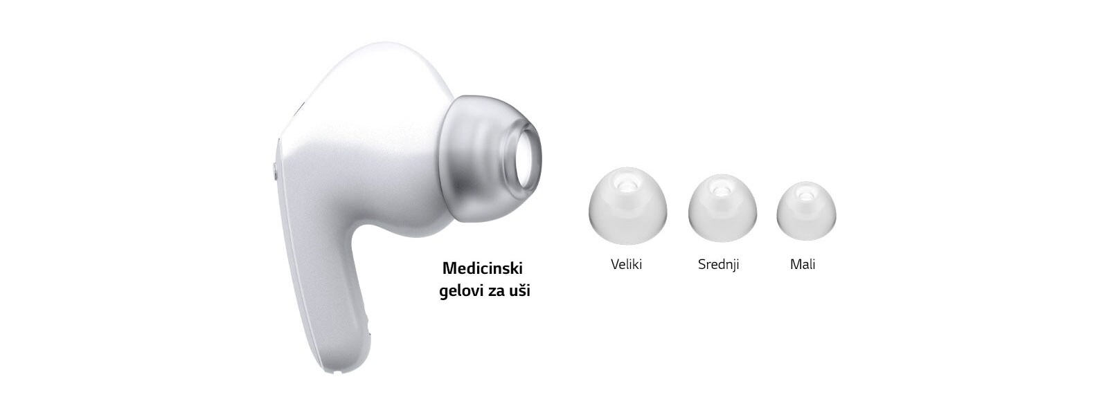 Slika bijelih slušalica i kompleta triju gelova za uši veličine: veliki, srednji i mali.