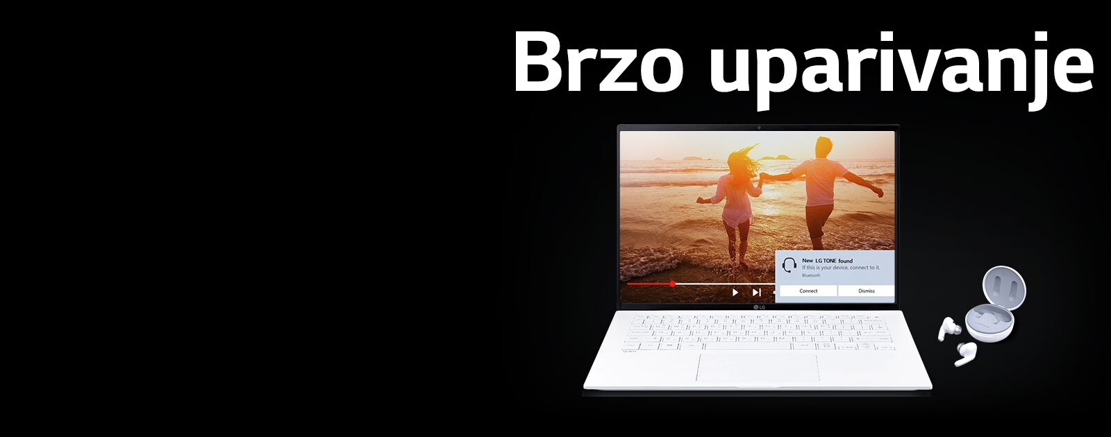 Slika prijenosnog računala i slušalica TONE Free smještena ispod izraza „Brzo uparivanje” i upozorenje o uparivanju uključeno na otvorenom zaslonu prijenosnog računala.
