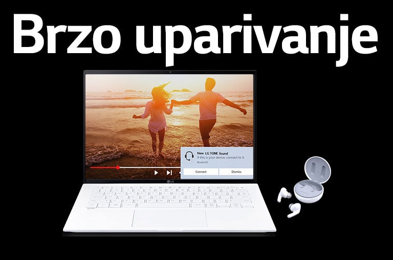 Slika prijenosnog računala i slušalica TONE Free smještena ispod izraza „Brzo uparivanje” i upozorenje o uparivanju uključeno na otvorenom zaslonu prijenosnog računala.