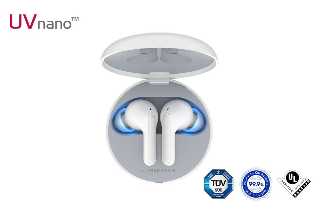 LG TONE Free FN7, Prikaz otvorene kutijice odozgo s uključenim atmosferskim svjetlom i logotipom certifikacije UVnano, HBS-FN7