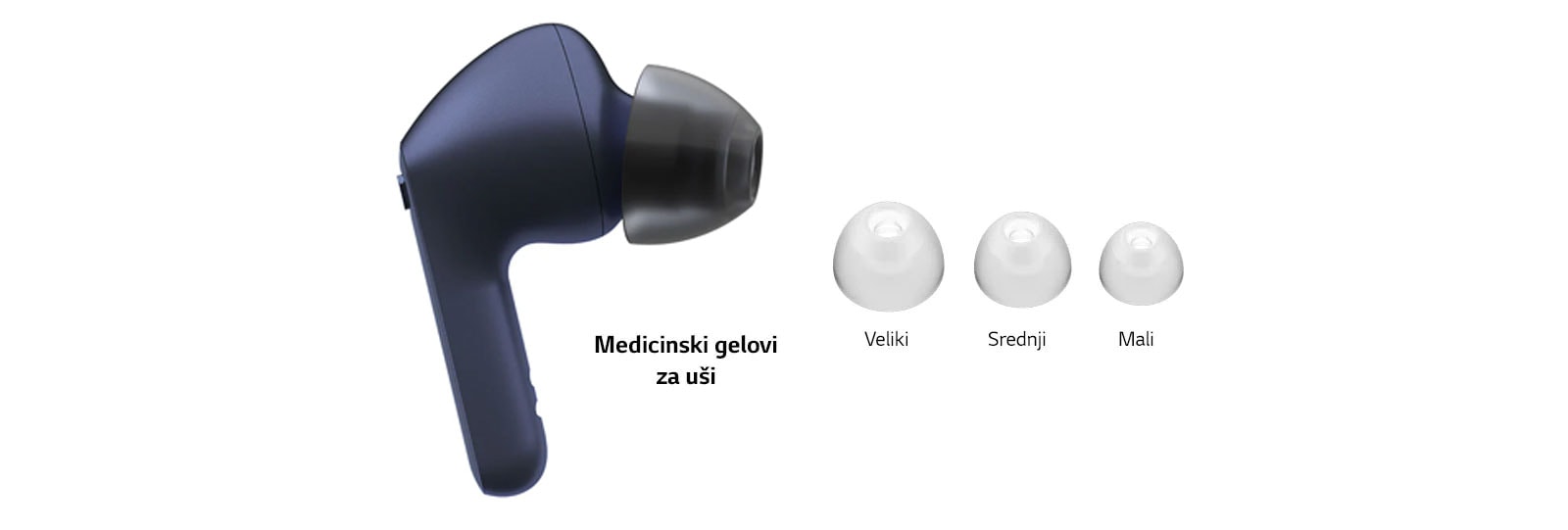 Slika bijelih slušalica i kompleta triju gelova za uši veličine: veliki, srednji i mali.