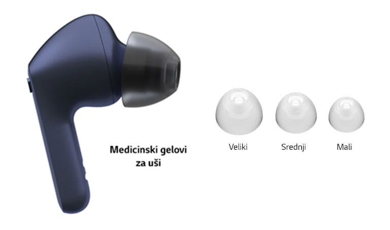 Slika bijelih slušalica i kompleta triju gelova za uši veličine: veliki, srednji i mali.