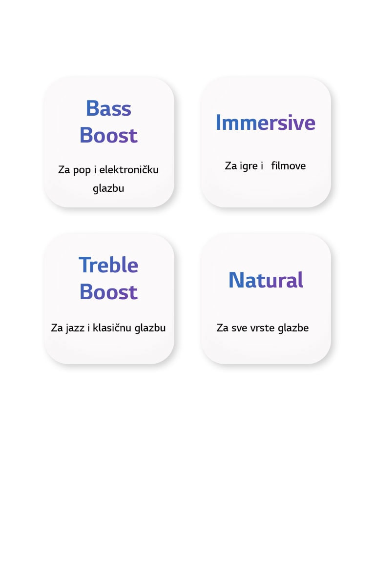 Četiri naziva za EQ (Bath Boost, Immersive, Treble boost i Natural) označena su na bijelom kvadratnom gumbu.