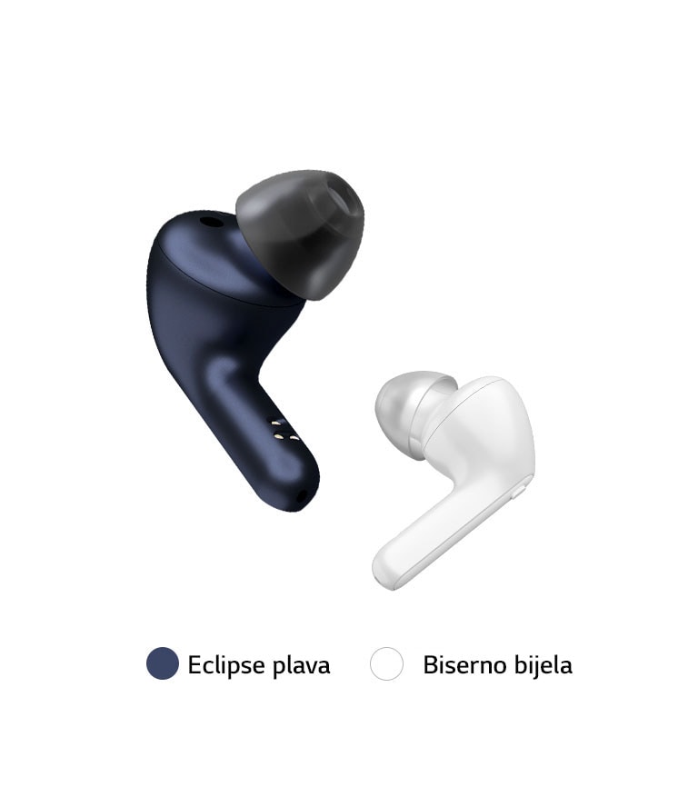 Una imagen de la punta de los auriculares en dos colores, azul y blanco, uno frente al otro.