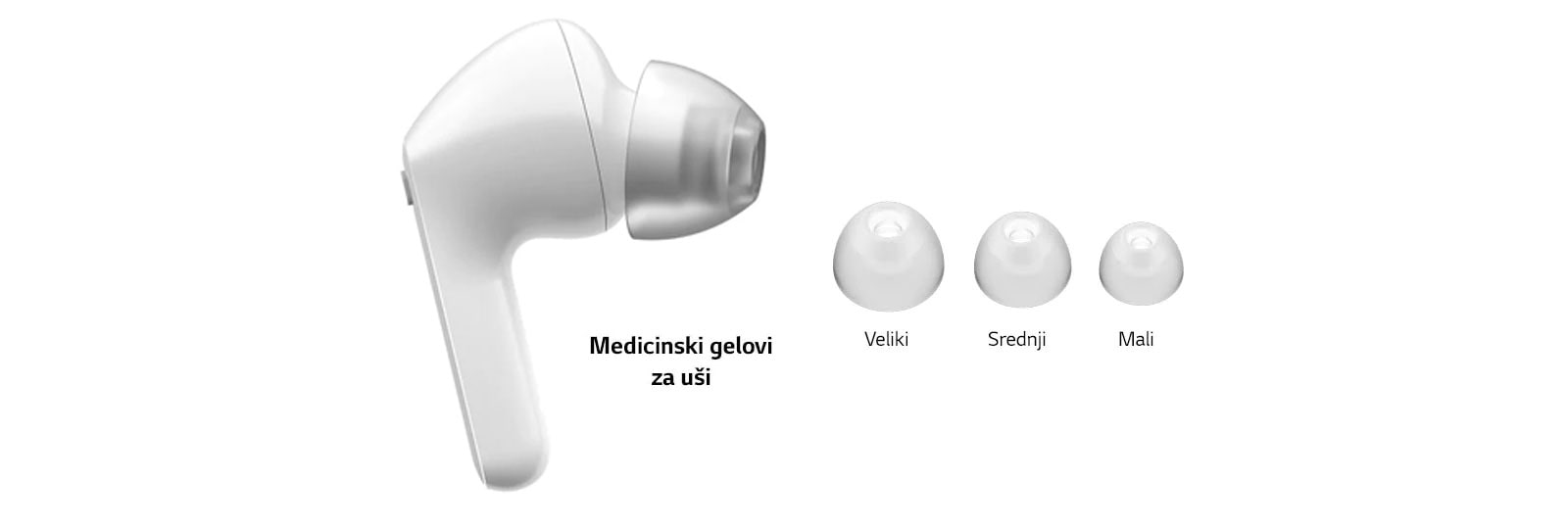 Slika bijelih slušalica i kompleta triju gelova za uši veličine: veliki, srednji i mali.