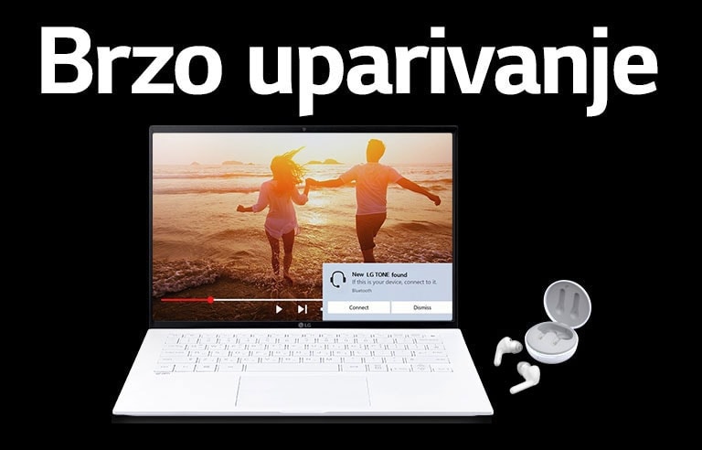 Slika prijenosnog računala i slušalica TONE Free smještena ispod izraza „Brzo uparivanje” i upozorenje o uparivanju uključeno na otvorenom zaslonu prijenosnog računala.