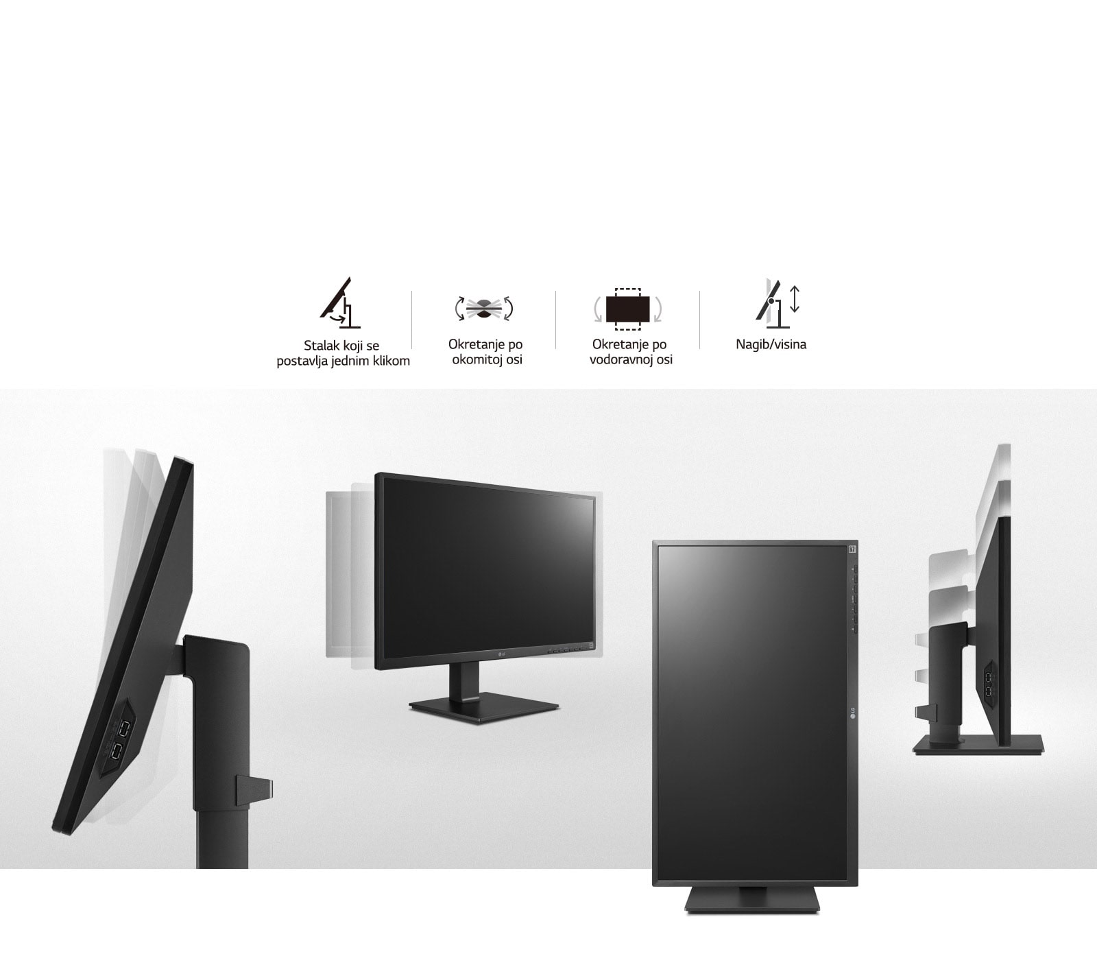 prikaz proizvoda za okretanje po okomitoj osi, okretanje po vodoravnoj osi, nagib, visinu, i značajku stalka koji se postavlja jednim klikom.