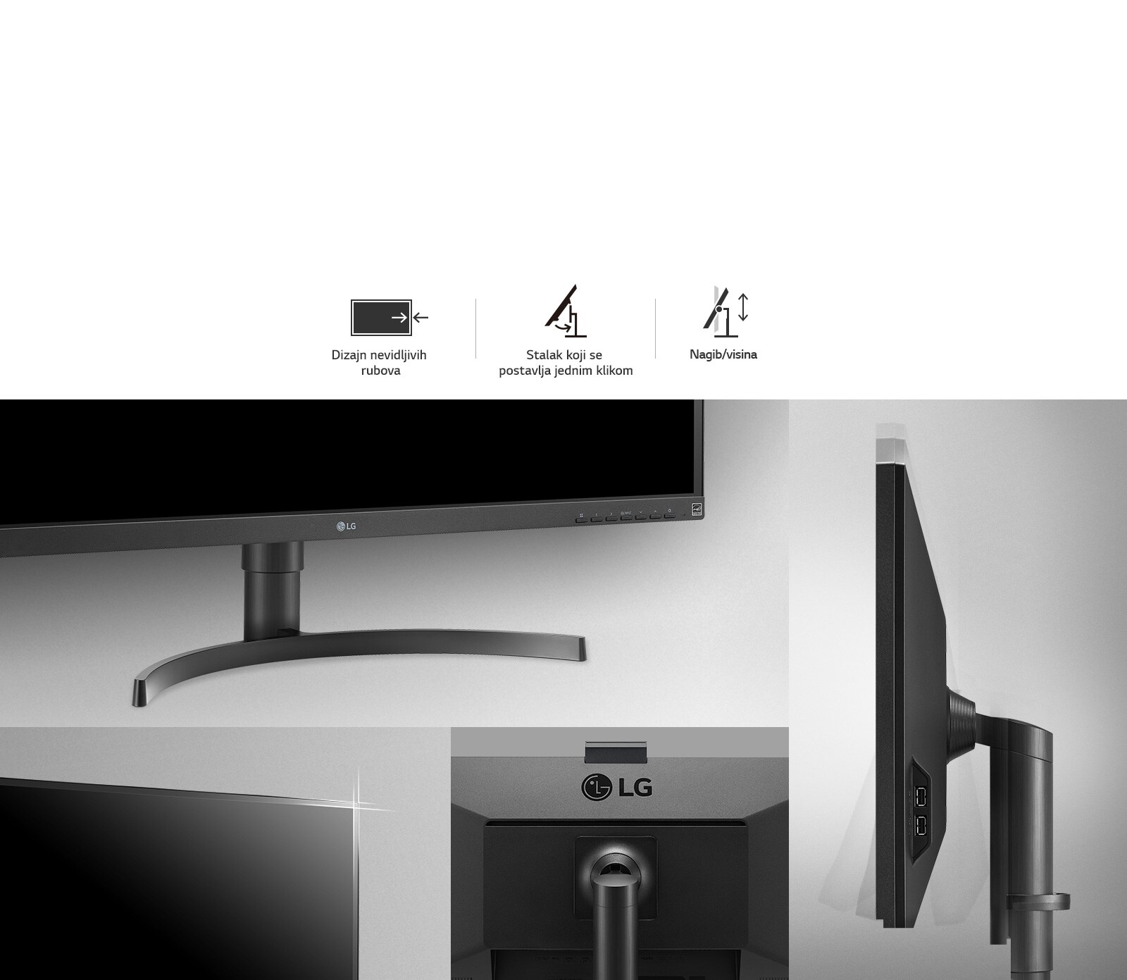 detaljni prikaz proizvoda za dizajn nevidljivih rubova, nagib, visinu i značajku stalka koji se postavlja jednim klikom.