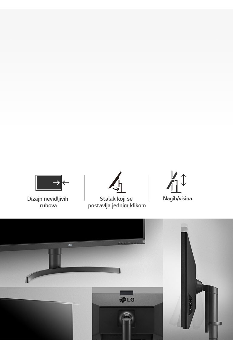 detaljni prikaz proizvoda za dizajn nevidljivih rubova, nagib, visinu i značajku stalka koji se postavlja jednim klikom.