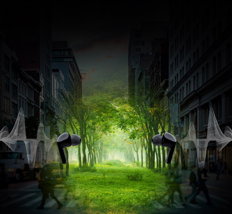 Slika dviju slušalica okrenutih jedna prema drugoj, a iza svake se nalazi ilustracija vala. Riječ je o virtualnom prostoru, grad i šuma u sredini.