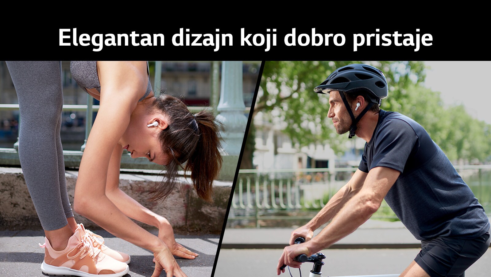 Žena se saginje kako bi se istegnula dok nosi slušalice TONE Free. Muškarac vozi bicikl.