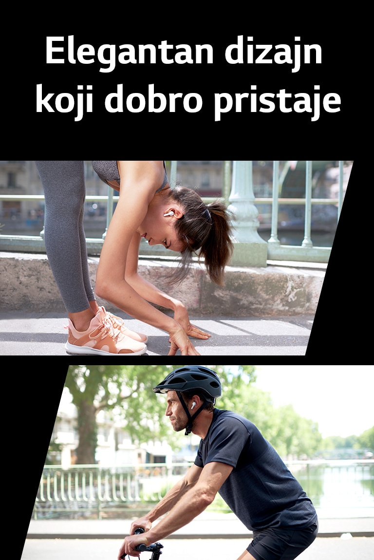 Žena se saginje kako bi se istegnula dok nosi slušalice TONE Free. Muškarac vozi bicikl.