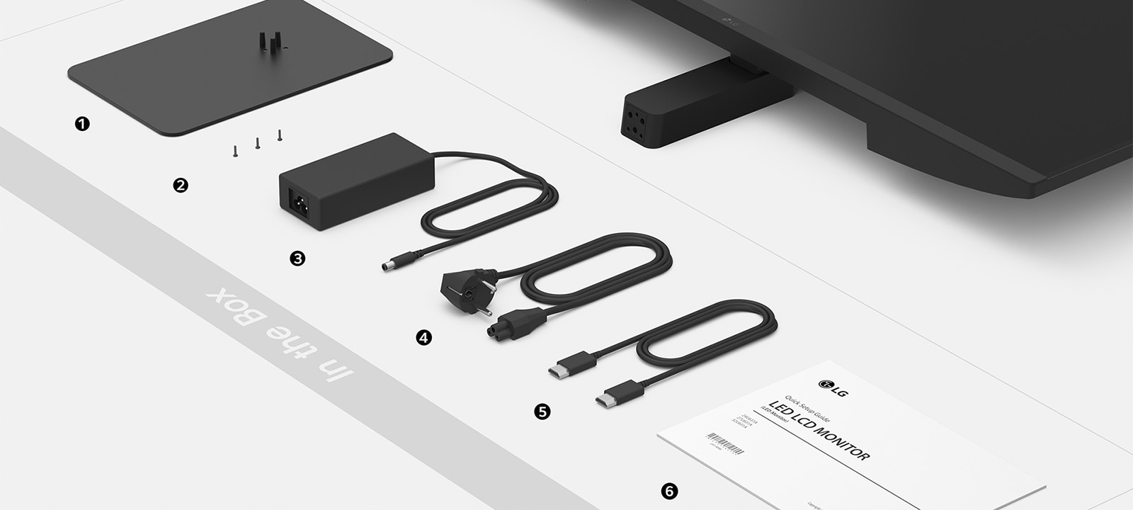 U kutiji se nalaze baza stalka, vijci, strujni adapter, strujni kabel, HDMI kabel i vodič za postavljanje.