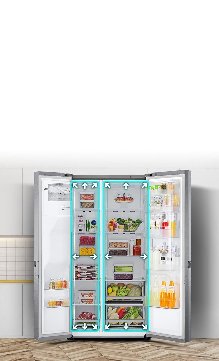 Video počinje s pogledom naprednjuj stranu  hladnjaka sa širom otvorenim vratima. Unutarnji prostori ocrtani su neonskim linijama, a strelice počinju potiskivati linije kako bi pokazale da unutra ima više prostora. Neonski kvadrat oko unutarnjih prostora treperi kako bi pokazao razliku između novog prostora i starog manjeg prostora koji je sada ocrtan isprekidanom bijelom linijom.