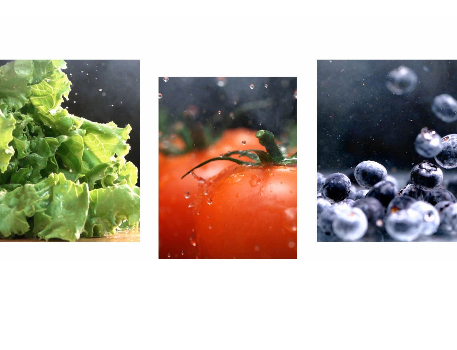 Uz video izbliza na kojem voda kaplje iz hrskave zelene salate, još jedan video izbliza prikazuje kako voda pada na svježe crvene rajčice, uz još jedan video svijetlih, mokrih borovnica koje se kreću okolo.