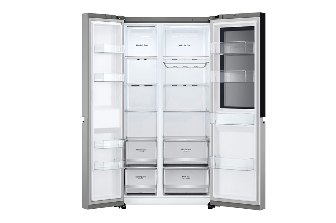 LG InstaView™ Side-by-Side hladnjak, DoorCooling⁺™ i ThinQ™ tehnologija, kapacitet 655L, Elölnézet, minden ajtó nyitva, élelmiszerek nélkül, GSVV80PYLL, thumbnail 9