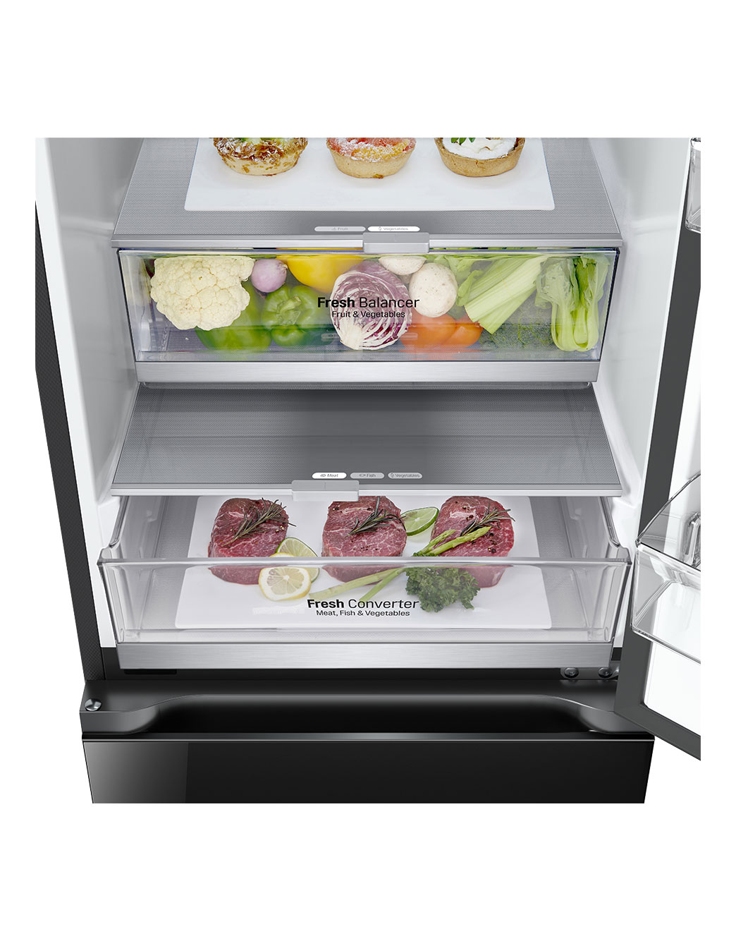 LG Hladnjak sa zamrzivačem u donjem dijelu, DoorCooling<sup>+</sup>™ tehnologija, kapacitet 387L, Ladica s hranom, GBB72BM9DQ, thumbnail 6